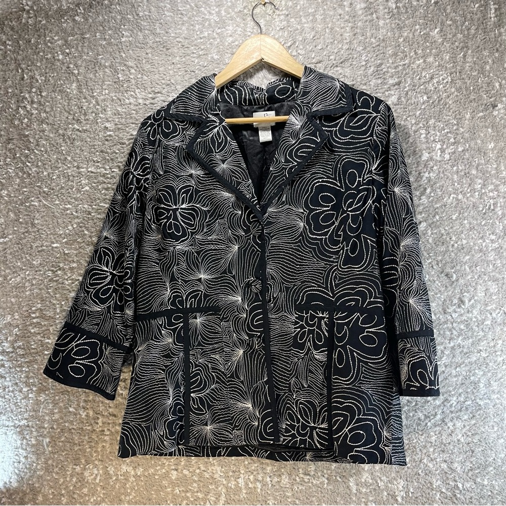 Chicos Embroidered Floral 3/4 Sleeve Blazer Jacket Black White Cotton Women 1, M